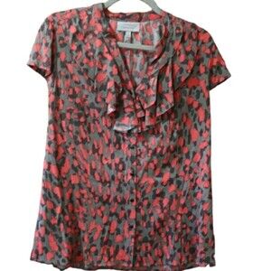 Classiques Entier Coral Print Animal  Print Button Up Ruffle Blouse LG Silk